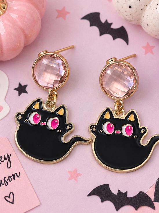 Fashion Jewelry Jewelry - Black Cat Ghost Earrings Pink Crystal Gold Tone Spooky Halloween Dangle